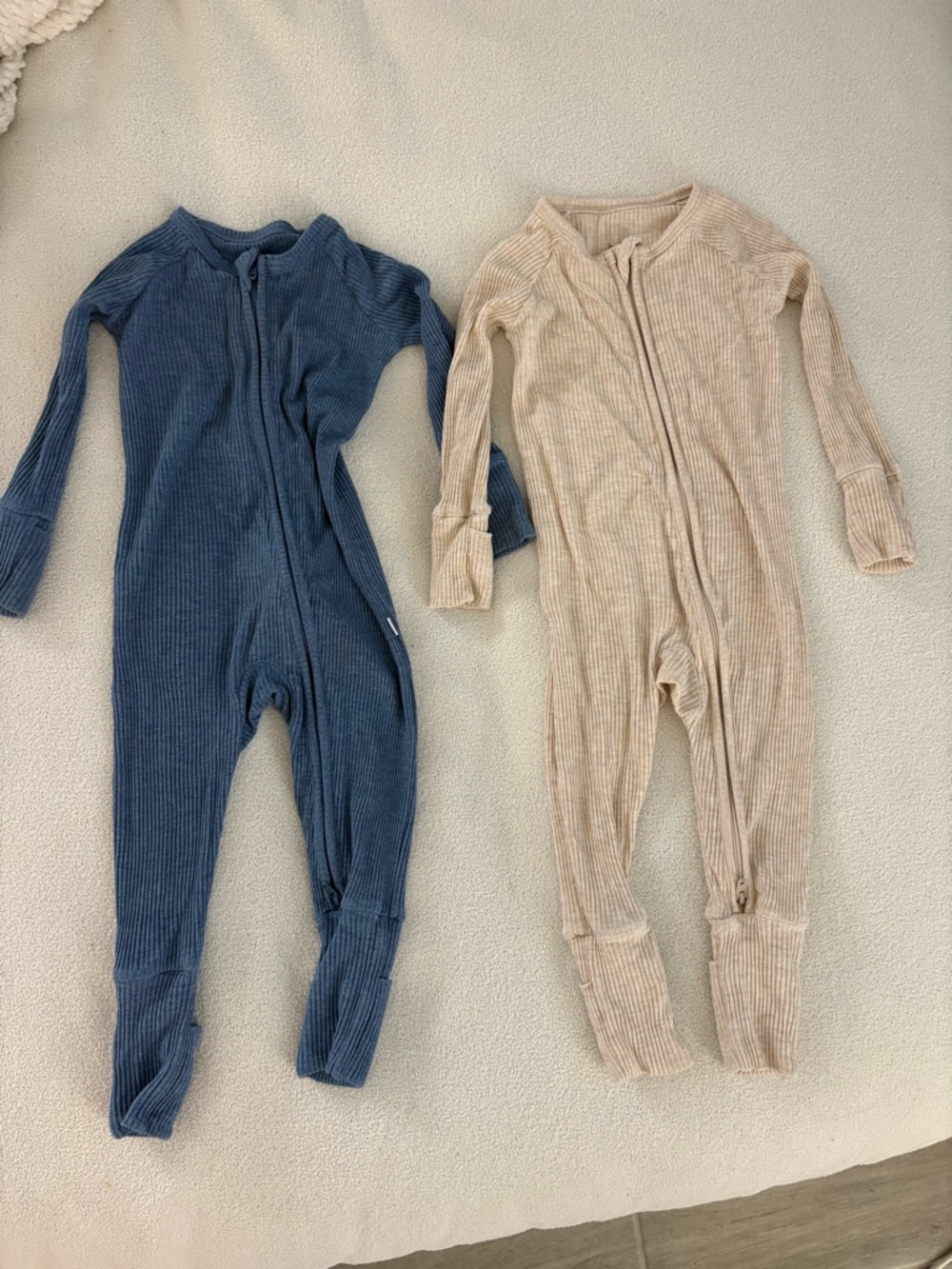 Little Sleepies Ribbed Zip Footie Set in Blue and Beige